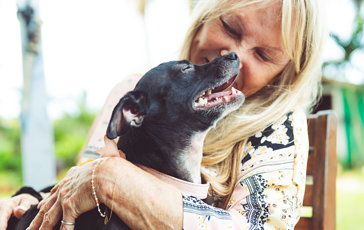 Woman in her 60’s snuggles with a small cute black dog outdoors