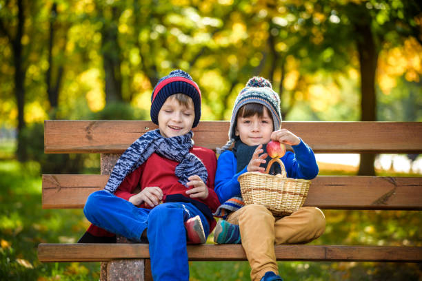 bambino che raccoglie mele in una fattoria in autunno. ragazzino seduto sulla panchina nel frutteto di mele. i bambini raccolgono la frutta in un cesto. bambino che mangia frutta al raccolto. divertimento all'aperto per i bambini. alimentazione sana. - bench sitting tree apple foto e immagini stock