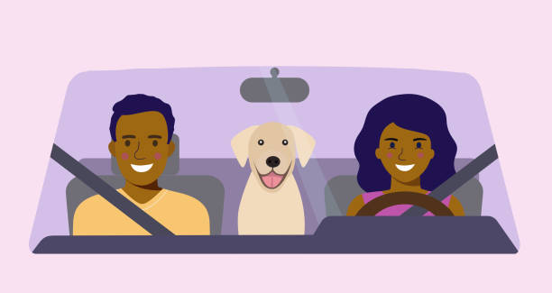 illustrazioni stock, clip art, cartoni animati e icone di tendenza di divertente famiglia afro-americana con cane che guida davanti all'auto. illustrazione vettoriale in stile piatto - dog car