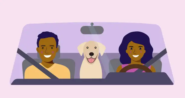 Vector illustration of Funny afro american family with dog driving in car front. Vector flat style illustration