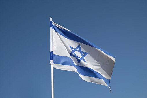 Israel flag on pole. Metal flagpole. National flag of Israel 3D illustration isolated on white