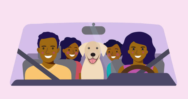 illustrazioni stock, clip art, cartoni animati e icone di tendenza di divertente famiglia afro-americana che guida davanti all'auto. illustrazione vettoriale in stile piatto - dog car
