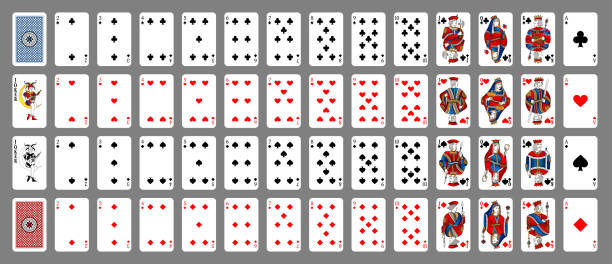 Poker set with isolated cards on grey background. Poker playing cards, full deck. New design of playing cards. Poker set with isolated cards on grey background. Poker playing cards, full deck. New design of playing cards. playing card stock illustrations