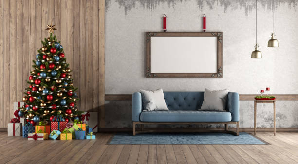 istock Retro style living room with Christmas tree and gift 1277186725