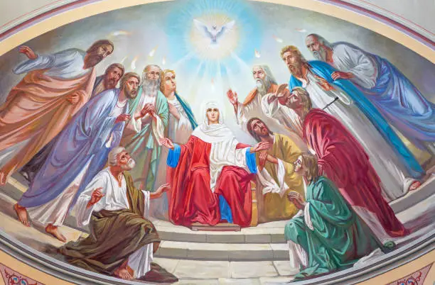 JERUSALEM, ISRAEL - MARCH 5 , 2015: The Pentecost scene. Fresco from 20. cent. in the side apse of Russian orthodox cathedral of Holy Trinity in the Russian Compound by unknown astist.