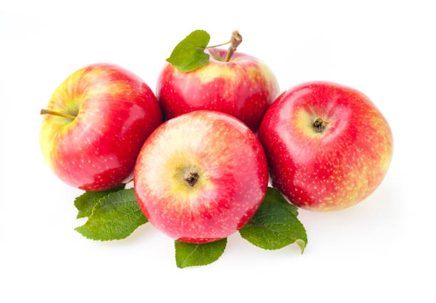 istock red apples with green leaves isolated on white background 1277187958