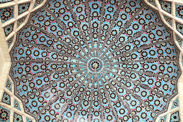 Detail of traditional persian mosaic dome with geometrical ornament, Nasir al-Mulk Mosque (Pink Mosque) in Shiraz, Iran
