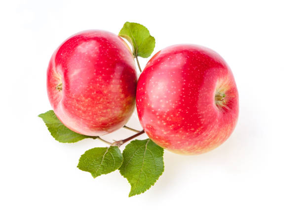 istock Two ripe red apples with leaf isolated on white background 1277188137