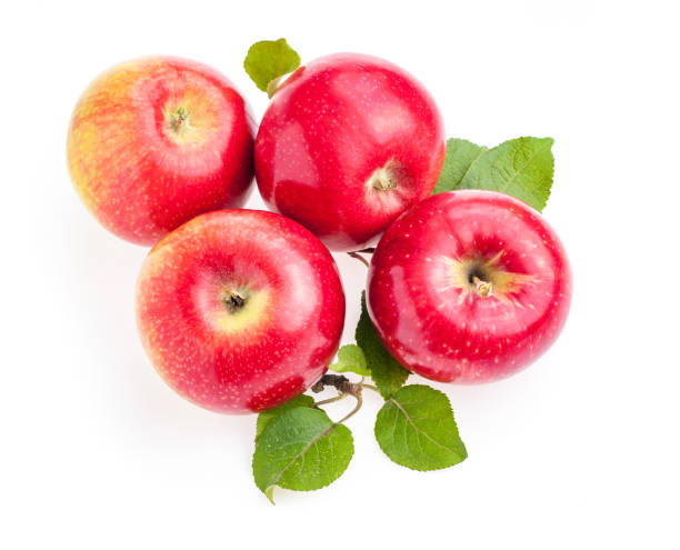 istock top view red apples with green leaves isolate on white background 1277188158