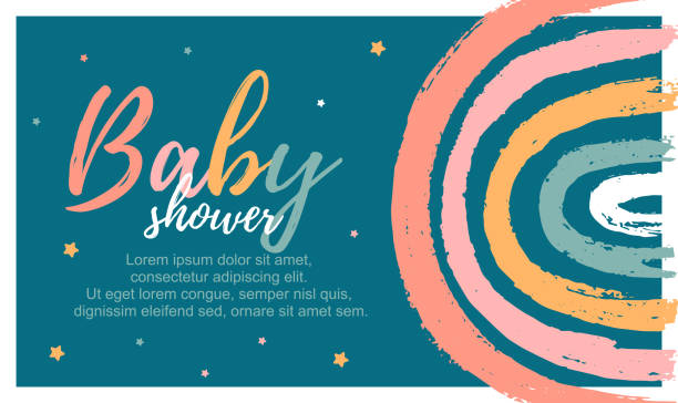 Baby Shower template card with rainbow Baby Shower template card with cute hand draw rainbow. Greeting poster for invite to holiday. Printable vector illustration baby shower stock illustrations