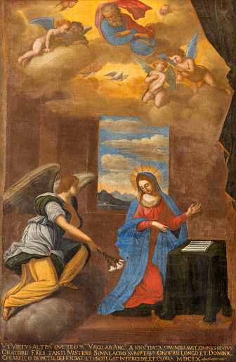 Taormina - The painting of Annunciation in church Chiesa di San Giuseppe by Dominic Chiarello (1609).