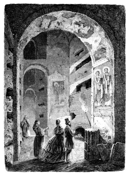 illustrations, cliparts, dessins animés et icônes de dans les catacombes de rome - ancient rome illustration and painting engraving engraved image