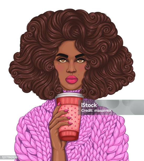 Vector Portrait African Woman With Magnificent Curly Brown Hairstyle Fashion Model In A Pink Knitted Sweater Vector Portrait African Woman With Magnificent Curly Brown Hairstyle Fashion Model In A Pink Knitted Sweater