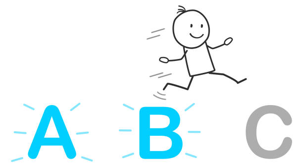 スティックマンはaからbにcにジャンプし、個々のワークフローを行います - beginnings letter b planning letter a点のイラスト素材／クリップアート素材／マンガ素材／アイコン素材