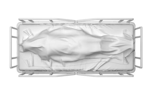 man covered with white cloth top view man covered with white cloth top view. 3d rendering morgue stock pictures, royalty-free photos & images