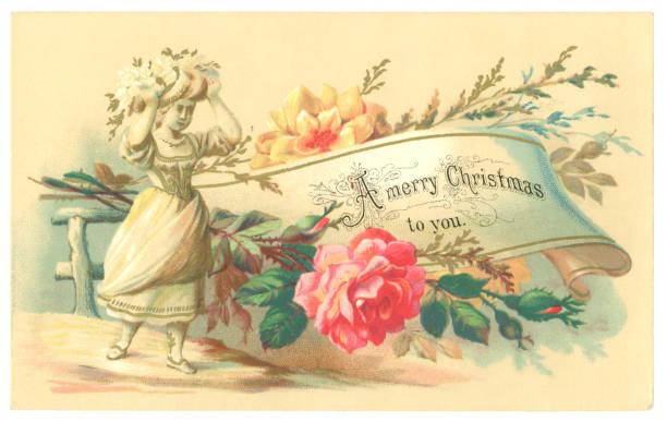 viktorianischen weihnachtskarte mit blumen, schriftrolle und ein junges mädchen, 1878 - christmas christmas card greeting card greeting stock-grafiken, -clipart, -cartoons und -symbole