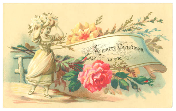 istock Victorian Christmas card with flowers, scroll and a young girl, 1878 1277193223