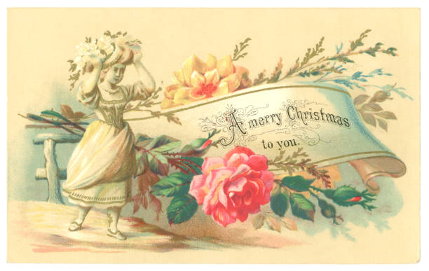 Victorian Christmas card with flowers, scroll and a young girl, 1878 A Victorian Christmas card from 1878 showing a young girl, flowers and a festive message on a scroll. religious christmas greetings stock illustrations