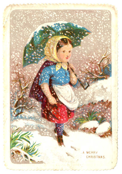 illustrations, cliparts, dessins animés et icônes de carte de noël victorienne avec la petite fille abritant de la neige sous un parapluie, 1868 - christmas christmas card greeting card greeting