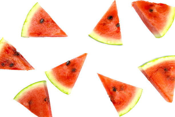 istock Watermelon slices isolated on white background, texture 1277193385