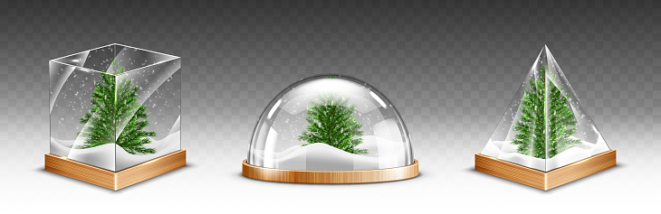 Snow globes with christmas tree on wooden base isolated on transparent background. Vector realistic mockup of crystal balls with white snow and green fir inside. Glass domes different shapes