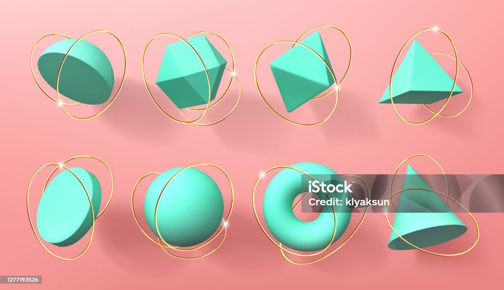 Three Dimensional Rings Geometry Turquoise 3d Geometric Shapes With Golden Rings Stock Illustration ...