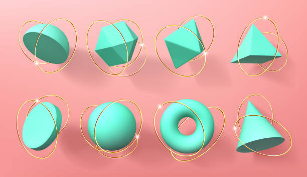 Turquoise 3d geometric shapes with golden rings Turquoise 3d geometric shapes with golden rings. Vector realistic set of abstract render figures, sphere, cone, pyramid, octahedron and torus. Volumetric geometry forms isolated on pink background the golden ring russia stock illustrations