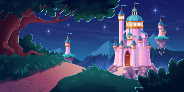 핑크 매직 캐슬, 밤에 공주 요정 궁전 - castle fairy tale palace forest stock illustrations