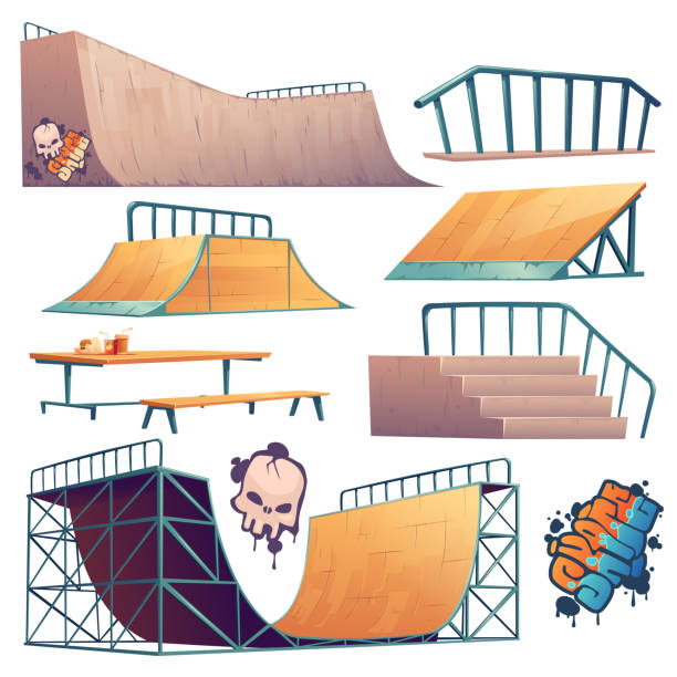 ilustrações de stock, clip art, desenhos animados e ícones de skate park or rollerdrome equipment for skateboard - skateboard park ramp skateboard graffiti