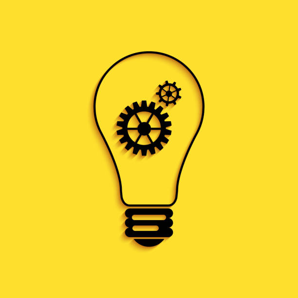 istock Black Light bulb and gear inside icon isolated on yellow background. Innovation concept. Long shadow style. Vector 1277195135