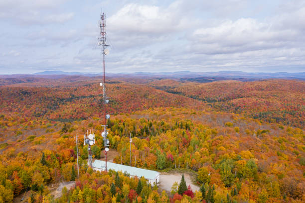 zellantenne mit herbstfarben eines waldes in der herbstsaison - laurentian moutains stock-fotos und bilder