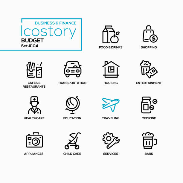 Budget categories - line design style icons set Budget categories - line design style icons set. Finance mobile app idea, expense items. Food, drink, shopping, cafe, transportation, medicine, housing, entertainment, healthcare, education, traveling categories vector stock illustrations