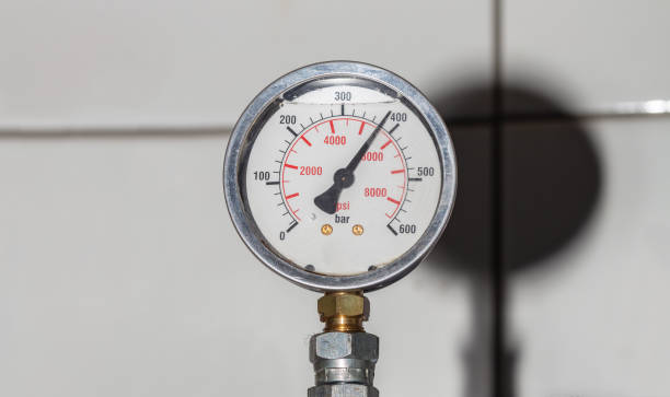 istock Pressure gauge Meter installed, Measuring Tool equipment close up 1277198123