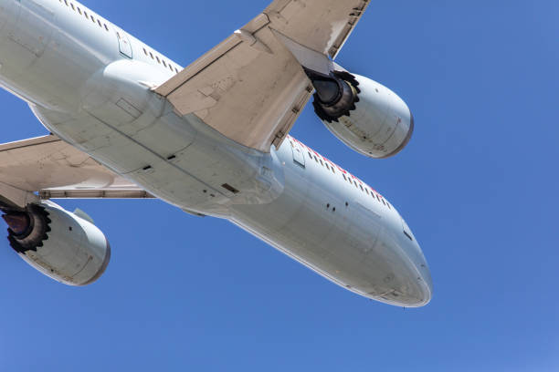 closeup of the engines and wings of an air canada boeing jet airplane from below - wheel airplane landing air vehicle imagens e fotografias de stock