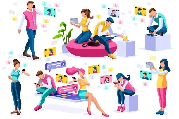 Vector illustration of Social media, young girls chatting on female smartphones talking on video or social photos. Character app, photo and video on smartphone. Chat media group concept cartoon characters collection vector.