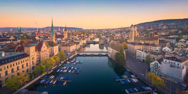 Aerial panoramic cityscape view of Zurich in autumn, Switzerland