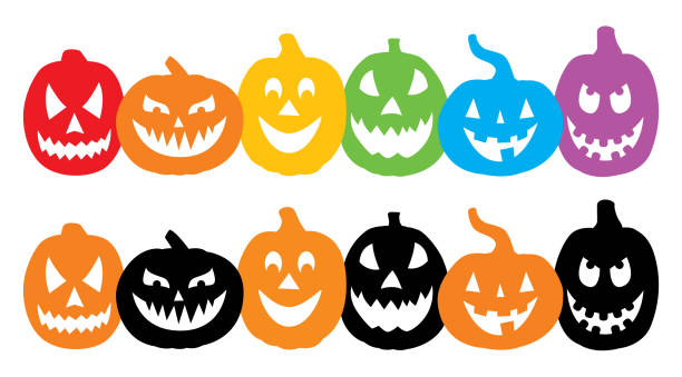 illustrazioni stock, clip art, cartoni animati e icone di tendenza di due file di zucche sorridenti - gourd halloween fall holidays and celebrations