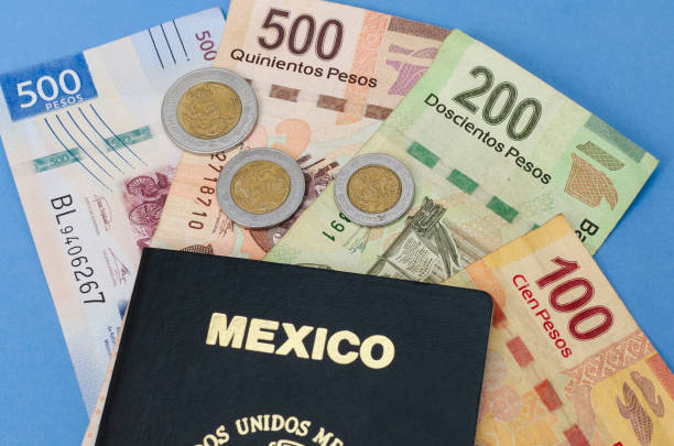 Mexican passport and money on a blue background.