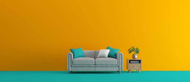 istock Interior design.Minimal concept with blue and yellow color.3d rendering 1277205492