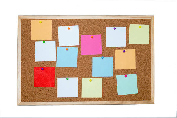 istock Concept of notes, goals, memo or action plan. Sticky notes on cork board in workplace office or home. Isolated on a white background. Copy space for text 1277205739