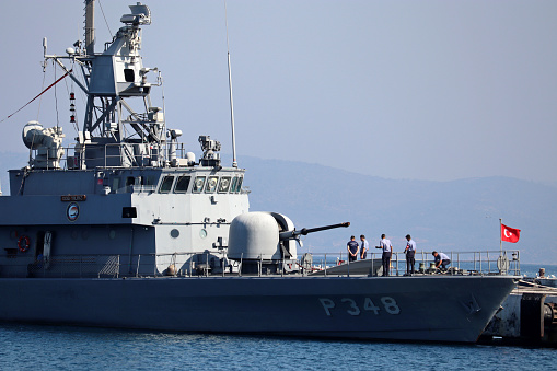 Kusadasi, Turkey​ -​ September 2020: TCG Yildız missile boat (P-348) in Kusadasi port