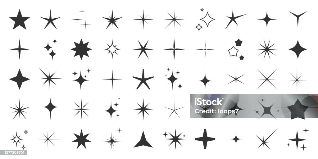 Sparkles and Stars - 50 Icon Set Collection Sparkles and Stars Set Collection. Black Icons on White Background Star Shape stock vector