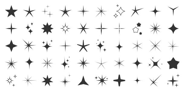 Sparkles and Stars - 50 Icon Set Collection Sparkles and Stars Set Collection. Black Icons on White Background lens flare illustrations stock illustrations