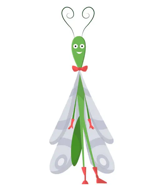 Vector illustration of Funny cartoon insect isolated on white. Vector grasshopper character. Happy animal. Colorful hand drawn illustration. Flat colorful bug