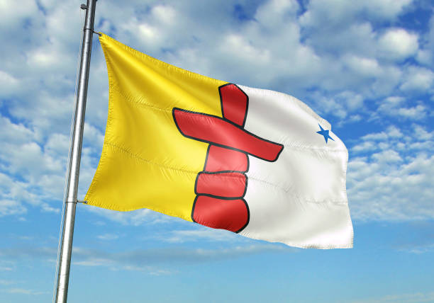 Nunavut of Canada flag waving with sky on background realistic 3d illustration