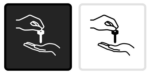 Hand Giving Keys Icon on  Black Button with White Rollover Hand Giving Keys Icon on  Black Button with White Rollover. This vector icon has two  variations. The first one on the left is dark gray with a black border and the second button on the right is white with a light gray border. The buttons are identical in size and will work perfectly as a roll-over combination. car key illustrations stock illustrations