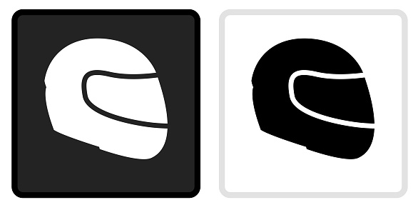 Motorcycle Helmet Icon on  Black Button with White Rollover. This vector icon has two  variations. The first one on the left is dark gray with a black border and the second button on the right is white with a light gray border. The buttons are identical in size and will work perfectly as a roll-over combination.