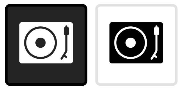 record player icon auf schwarzem knopf mit weißem rollover - jukebox icon stock-grafiken, -clipart, -cartoons und -symbole