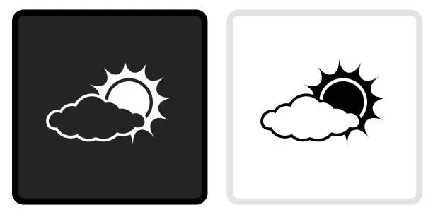 Vector illustration of Sun Behind a Cloud Icon on  Black Button with White Rollover