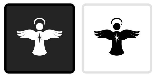 engel-symbol auf schwarzem knopf mit weißem rollover - heiligenschein symbol stock-grafiken, -clipart, -cartoons und -symbole